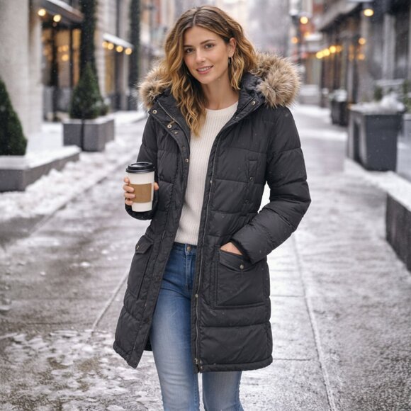 🧥 Lands’ End Women’s Goose Down Parka – Faux Fur Hood – Size M (10–12)